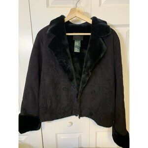 Ralph Lauren Label Black Women’s Plush Jacket‎ faux Shearling Fur Coat Button Up